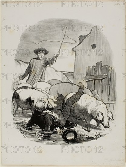 The danger of being caught in a steeple chase, plate 12 from Pastorales, 1845, Honoré Victorin Daumier, French, 1808-1879, France, Lithograph in black on white wove paper, 270 × 228 mm (image), 348 × 262 mm (sheet)