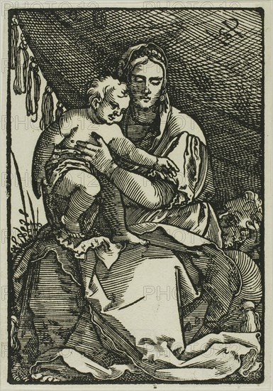 The Holy Family Under the Canopy, n.d., Sebald Beham, German, 1500-1550, Germany, Woodcut in black on ivory laid paper, 124 × 85 mm (image/block), 128 × 90 mm (sheet)
