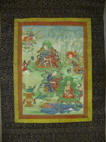 Painted Banner (Thangka) from a Set of Seven Honoring Gayadhara, a Sakya Pandit from India, 19th century, Tibet, Tibet, Pigment on cloth, Image: 43.2 x 30 cm, Overall: 108 x 63 cm