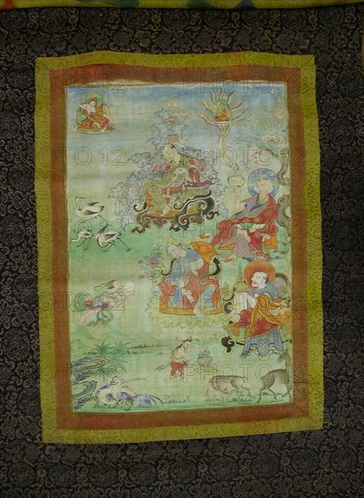 Painted Banner (Thangka) from a Set of Seven Honoring Gayadhara, a Sakya Pandit from India, 19th century, Tibet, Tibet, Pigment on cloth, Image: 43 x 29.5 cm, Overall: 110 x 63.6 cm