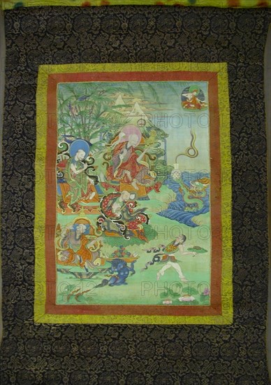 Painted Banner (Thangka) from a Set of Seven Honoring Gayadhara, a Sakya Pandit from India, 19th century, Tibet, Tibet, Pigment on cloth, Image: 43 x 29.6 cm, Overall: 109.5 x 64 cm