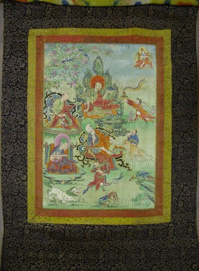 Painted Banner (Thangka) from a Set of Seven Honoring Gayadhara, a Sakya Pandit from India, 19th century, Tibet, Tibet, Pigment on cloth, Image: 43 x 29.5 cm, Overall: 108 x 63.5 cm