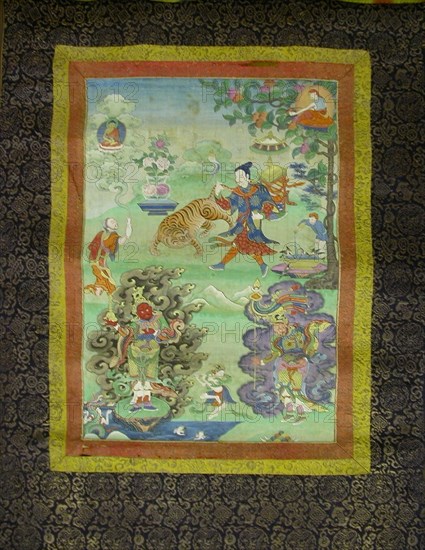 Painted Banner (Thangka) from a Set of Seven Honoring Gayadhara, a Sakya Pandit from India, 19th century, Tibet, Tibet, Pigment on cloth, Image: 42 x 30 cm, Overall: 107.5 x 62.5 cm