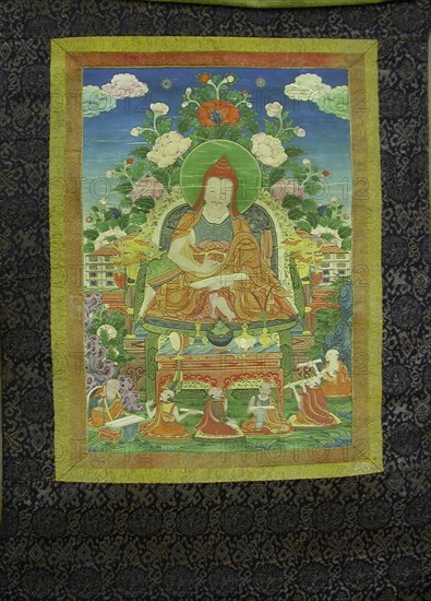 Painted Banner (Thangka) from a Set of Seven Honoring Gayadhara, a Sakya Pandit from India, 19th century, Tibet, Tibet, Pigment on cloth, Image: 44.6 x 31.2 cm, Overall: 110 x 63.5 cm