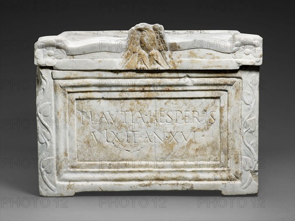 Cinerary Urn of Plautia Hesperis, 1st century AD, Roman, Italy, Marble, a (urn): 18.7 × 33.3 ×  31.4  cm (7 3/8 × 13 1/8 × 13 3/8 in), Head of an Old Woman, n.d., Cornelis Visscher, Dutch, c. 1629-1658, Holland, Engraving on ivory paper, 138 x 92 mm