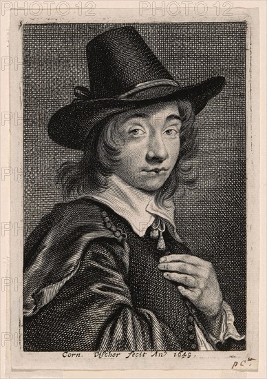 Self-Portrait, 1649, Cornelis Visscher, Dutch, c. 1629-1658, Holland, Etching and engraving in black on ivory laid paper, 136 x 90 mm (image), 139 x 93 mm (plate), 145 x 100 mm (sheet)