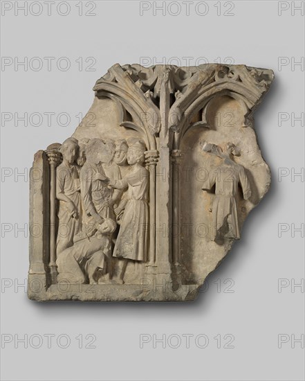 Fragment of an Altarpiece with the Betrayal of Christ and the Suicide of Judas, 1300/1325, French, Normandy, Northern France, Limestone, 45.7 × 50.2 cm (18 × 19 3/4 in.)