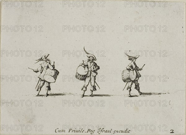 Drill with Drums, plate two from The Military Exercises, published 1635, Jacques Callot (French, 1592-1635), published by Israël Henriet (French, 1590-1661), France, Etching on paper, 61 × 85 mm