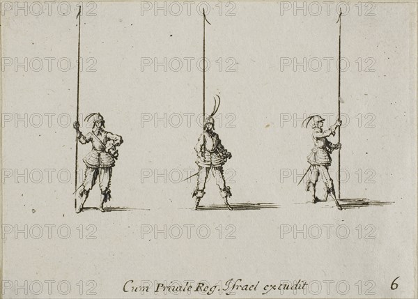 Drill with Raised Pike, plate six from The Military Exercises, published 1635, Jacques Callot (French, 1592-1635), published by Israël Henriet (French, 1590-1661), France, Etching on paper, 60 × 84 mm