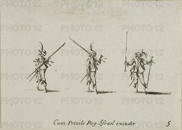 Drill with Tilted Pikes, plate five from The Military Exercises, published 1635, Jacques Callot (French, 1592-1635), published by Israël Henriet (French, 1590-1661), France, Etching on paper, 60 × 83 mm