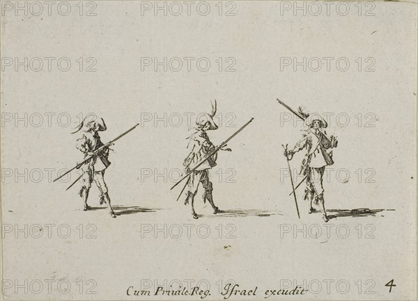 Drill with the Musket, plate four from The Military Exercises, published 1635, Jacques Callot (French, 1592-1635), published by Israël Henriet (French, 1590-1661), France, Etching on paper, 60 × 82 mm