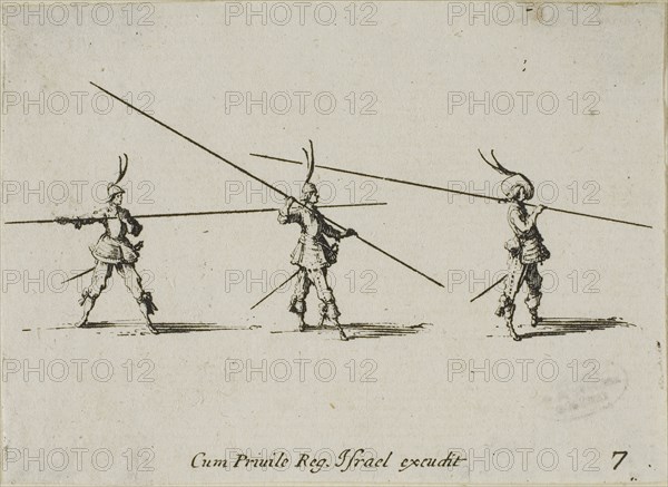 Drill with the Musket, plate seven from The Military Exercises, published 1635, Jacques Callot (French, 1592-1635), published by Israël Henriet (French, 1590-1661), France, Etching on paper, 59 × 83 mm