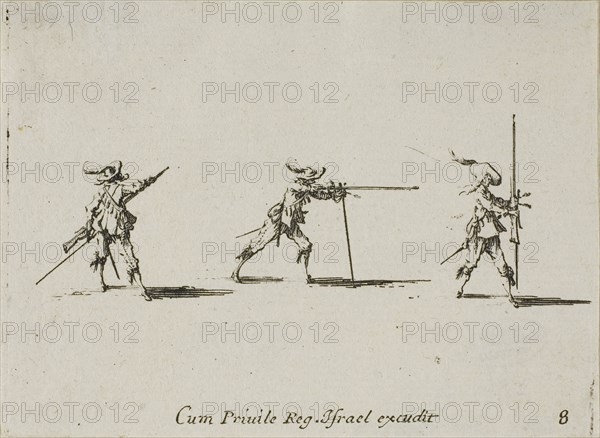 Taking the Firing Position with the Musket, plate eight from The Military Exercises, published 1635, Jacques Callot (French, 1592-1635), published by Israël Henriet (French, 1590-1661), France, Etching on paper, 61 × 83 mm