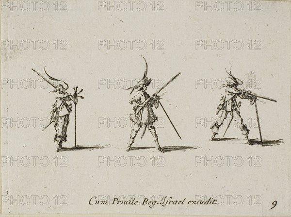 Firing the Musket, plate nine from The Military Exercises, published 1635, Jacques Callot (French, 1592-1635), published by Israël Henriet (French, 1590-1661), France, Etching on paper, 61 × 83 mm