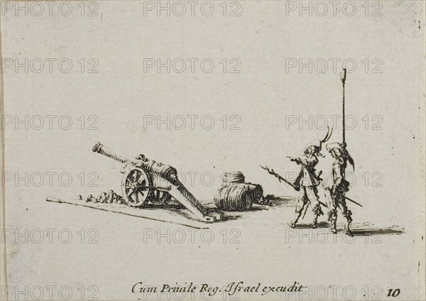 Preparing to Fire the Canon, plate ten from The Military Exercises, published 1635, Jacques Callot (French, 1592-1635), published by Israël Henriet (French, 1590-1661), France, Etching on paper, 60 × 83 mm