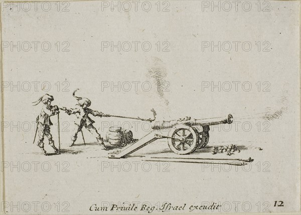 Firing the Canon, plate twelve from The Military Exercises, published 1635, Jacques Callot (French, 1592-1635), published by Israël Henriet (French, 1590-1661), France, Etching on paper, 60 × 82 mm