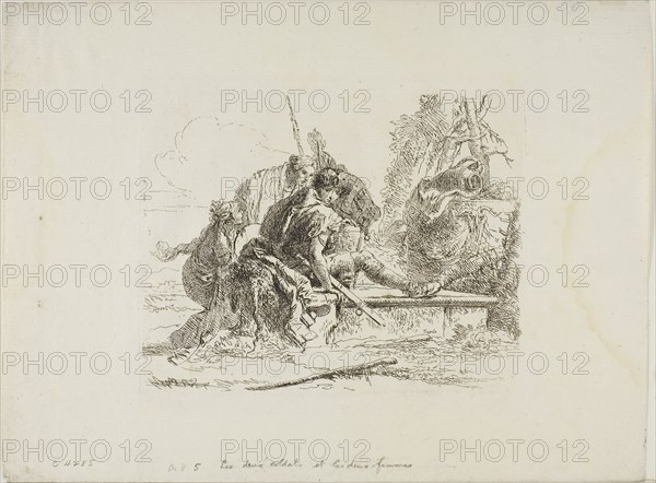 Two Soldiers and Two Women, from Capricci, 1740/50, Giambattista Tiepolo, Italian, 1696-1770, Italy, Etching on paper, 135 x 171 mm (image/plate), 216 x 290 mm (sheet)