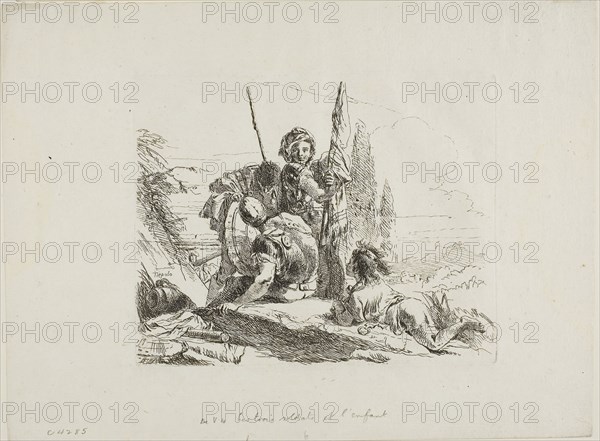 Three Soldiers and a Boy, from Capricci, c. 1740, published 1785, Giambattista Tiepolo, Italian, 1696-1770, Italy, Etching on paper, 142 x 176 mm