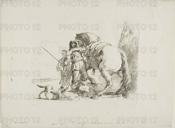 The Rider Standing by His Horse, from Capricci, 1740/50, Giambattista Tiepolo, Italian, 1696-1770, Italy, Etching on paper, 140 x 184 mm (plate), 216 x 292 mm sheet)