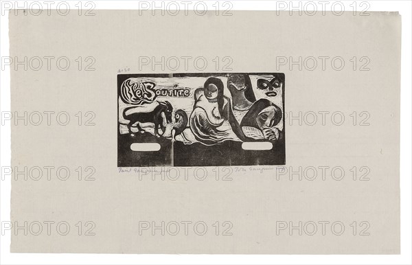 Three People, a Mask, a Fox and a Bird, headpiece forLe sourire, 1899, printed and published 1921, Paul Gauguin (French, 1848-1903), printed by Pola Gauguin (Danish, born France, 1883-1961), published by Christian Cato, Copenhagen, France, Wood-block print in black ink on ivory China paper, 103 × 184 mm (image), 268 × 425 mm (sheet)