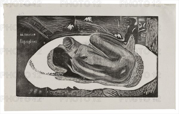 Manao tupapau (She Thinks of the Ghost or The Ghost Thinks of Her), from the Noa Noa Suite, 1893/94, printed and published 1921, Paul Gauguin (French, 1848-1903), printed by Pola Gauguin (Danish, born France, 1883-1961), published by Christian Cato, Copenhagen, France, Wood-block print in black ink on grayish-ivory China paper, 205 × 356 mm (image), 272 × 430 mm (sheet)