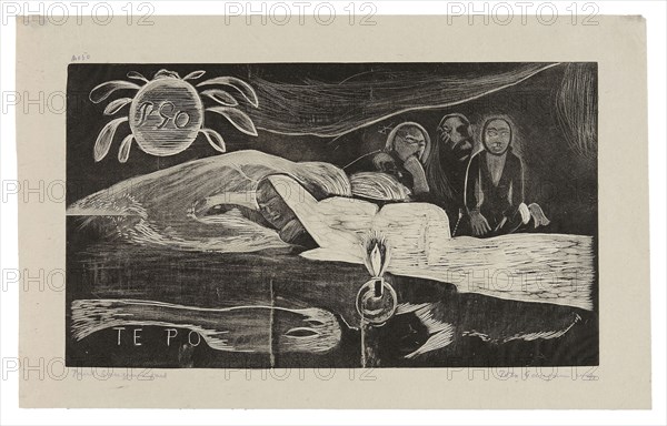Te po (The Night), from the Noa Noa Suite, 1893–94, printed and published 1921, Paul Gauguin (French, 1848-1903), printed by Pola Gauguin (Danish, born France, 1883-1961), published by Christian Cato, Copenhagen, France, Wood-block print in black ink on grayish-ivory China paper, 204 × 358 mm (image), 266 × 425 mm (sheet)