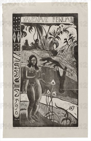 Nave nave fenua (Delightful Land), from the Noa Noa Suite, 1893/94, printed 1921, Paul Gauguin (French, 1848-1903), printed by Pola Gauguin (Danish, born France, 1883-1961), published by Christian Cato, Copenhagen, France, Wood-block print in black ink on grayish-ivory China paper, 355 × 205 mm (image), 423 × 267 mm (sheet)