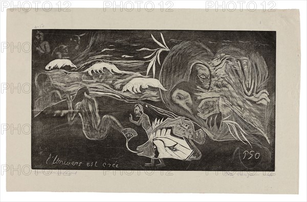 L’univers est créé (The Universe Is Being Created), from the Noa Noa Suite, 1893–94, printed and published 1921, Paul Gauguin (French, 1848-1903), printed by Pola Gauguin (Danish, born France, 1883-1961), published by Christian Cato, Copenhagen, France, Wood-block print in black ink on grayish-ivory China paper, 205 × 355 mm (image), 269 × 426 mm (sheet)