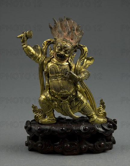 Protector Deity Begtse Chen, 19th century, Tibet or Mongolia, Tibet, Gilt copper alloy with traces of orange pigment, 14.6 x 12.8 x 4.2 cm (5 3/4 x 5 x 1 5/8 in.)
