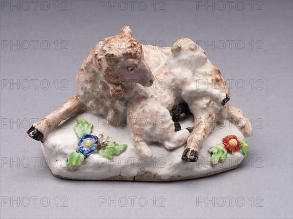 Ewe and Lamb, 1752/54, Bow Porcelain Factory, London, England, 1744-1775, Bow, Soft-paste porcelain, polychrome enamels, 7.9 × 12.7 × 7.6 cm (3 1/8 × 5 × 3 in.)