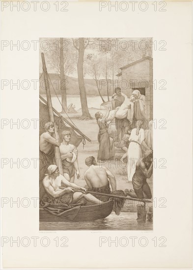 Pastoral Life of Saint Geneviève (left panel), c. 1888, Georges-William Thornley (French, 1857-1935), after Pierre Puvis de Chavannes (French, 1824-1898), France, Lithograph on paper, 509 × 300 mm (image), 702 × 503 mm (sheet)