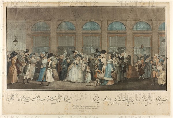 The Palais Royal Gallery’s Walk, 1787, Philibert Louis Debucourt, French, 1755-1832, France, Color aquatint on paper, 382 × 570 mm (plate), 390 × 580 mm (sheet)
