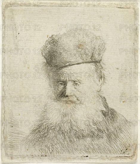 Bust of an Old Man with a Fur Cap and Flowing Beard, Nearly Full Face, c. 1631, Rembrandt van Rijn, Dutch, 1606-1669, Holland, Etching on paper, 53 x 53 mm (image), 62 x 53 mm (plate), 67 x 57 mm (sheet)