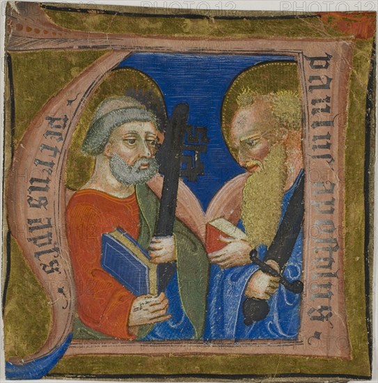 Saints Peter and Paul in a Historiated Initial N from a Choirbook, 1375/99, Italian, Italy, Manuscript cutting in tempera and gold leaf, with gothica textualis inscriptions in silver ink, on parchment, 93 x 92 mm