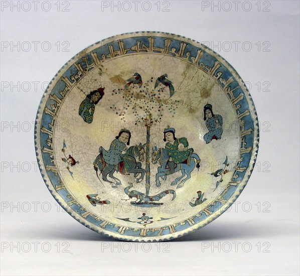 Bowl with Two Figures on Horseback, late 12th/early 13th century, Iran, probably Kashan, Iran, Fritware with in-glaze and overglaze painting in enamels and gilding (mina'i technique), 8.4 x 4.5 cm (3 1/4 x 8 1/2 in.)