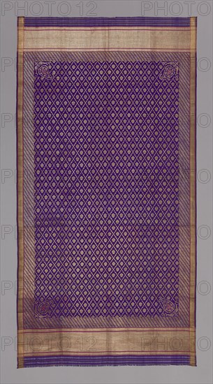 Scarf, 19th century, Eastern India, India, Silk, plain simple cloth, semi-transparent brocaded with gold wound on yellow silk core, stripes and four corner motifs of red silk and border of gold warp along selvages, 247 x 125.7 cm (97 1/4 x 49 1/2 in.)