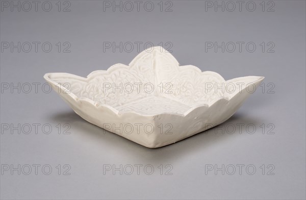 Foliate Square Dish, Liao dynasty (907–1124), late 10th century, China, Porcelain with creamy white glaze and underglaze molded decoration, 3.7 × 11.5 × 11.5 cm (1 7/16 × 4 1/2 × 4 1/2 in.)