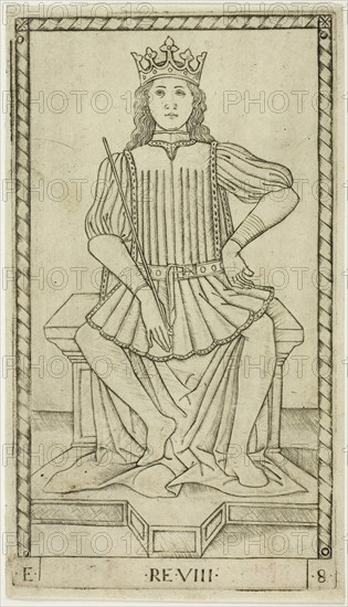 The King, plate eight from The Ranks and Conditions of Men, c. 1465, Master of the E-Series Tarocchi, Italian, active c. 1465, Italy, Engraving on paper, 178 x 101 mm (plate), 183 x 105 mm (sheet)