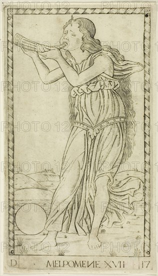 Melpomene, plate seventeen from Apollo and the Muses, c. 1465, Master of the E-Series Tarocchi, Italian, active c. 1465, Italy, Engraving on paper, 179 x 100 mm (plate), 183 x 104 mm (sheet)