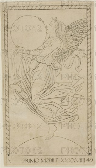 The Angel of the Ninth Sphere, or Primum Mobile, plate 49 from Planets and Spheres, c. 1465, Master of the E-Series Tarocchi, Italian, active c. 1465, Italy, Engraving in black on tan laid paper, 166 x 96 mm (image), 177 x 100 (plate), 182 x 104 mm (sheet)