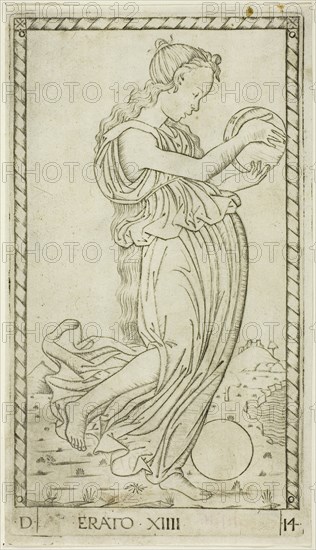 Erato, plate fourteen from Apollo and the Muses, c. 1465, Master of the E-Series Tarocchi, Italian, active c. 1465, Italy, Engraving on paper, 179 x 100 mm (plate), 185 x 105 mm (sheet)