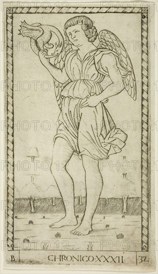 Genius of Time, plate 32 from Genii and Virtues, c. 1465, Master of the E-Series Tarocchi, Italian, active c. 1465, Italy, Engraving on paper, 178 x 100 mm (plate), 183 x 105 mm (sheet)