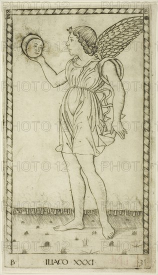 Genius of the Sun, plate 31 from Genii and Virtues, c. 1465, Master of the E-Series Tarocchi, Italian, active c. 1465, Italy, Engraving on paper, 179 x 100 mm (plate), 184 x 106 mm (sheet)