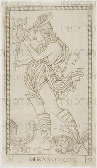 Mercury, plate 42 from Planets and Spheres, c. 1465, Master of the E-Series Tarocchi, Italian, active c. 1465, Italy, Engraving on paper, 179 x 100 mm (plate), 185 x 106 mm (sheet)