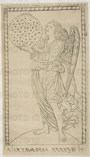The Angel and the Eighth Sphere, plate 48 from Planets and Spheres, c. 1465, Master of the E-Series Tarocchi, Italian, active c. 1465, Italy, Engraving in black on tan laid paper, 167 x 97 mm (image), 179 x 101 mm (plate), 182 x 104 mm (sheet)