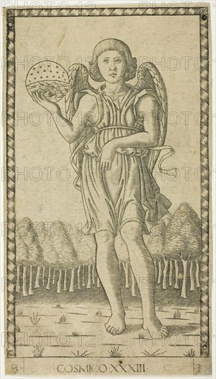 Genius of the World, plate 33 from Genii and Virtues, c. 1465, Master of the E-Series Tarocchi, Italian, active c. 1465, Italy, Engraving on paper, 181 x 101 mm