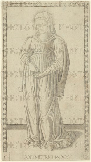 Arithmetic, plate 25 from Arts and Sciences, c. 1465, Master of the E-Series Tarocchi, Italian, active c. 1465, Italy, Engraving in black on cream laid paper, 181 x 101 mm
