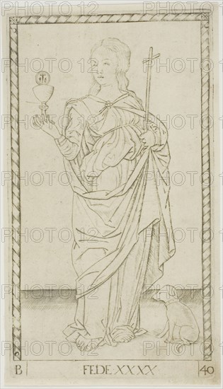 Faith plate 40 from Genii and Virtues, c. 1465, Master of the E-Series Tarocchi, Italian, active c. 1465, Italy, Engraving on paper, 186 x106 mm (sheet), 180 x 100 mm (plate)