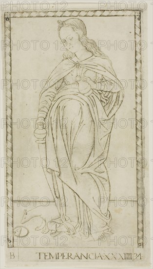 Temperance, plate 34 from Genii and Virtues, c. 1465, Master of the E-Series Tarocchi, Italian, active c. 1465, Italy, Engraving on ivory laid paper, 180 x 100 mm (plate), 187 x 104 mm (sheet)