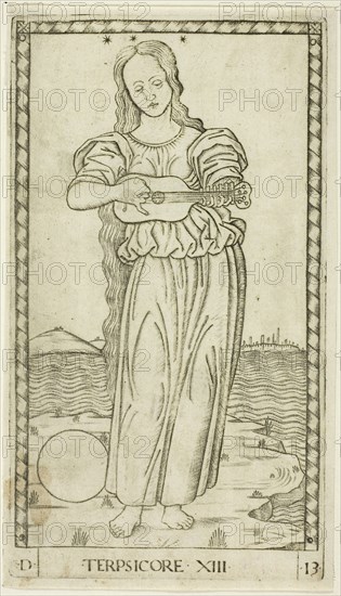 Terpsichore, plate thirteen from Apollo and the Muses, c. 1465, Master of the E-Series Tarocchi, Italian, active c. 1465, Italy, Engraving on paper, 178 x 100 mm (plate), 184 x 105 mm (sheet)